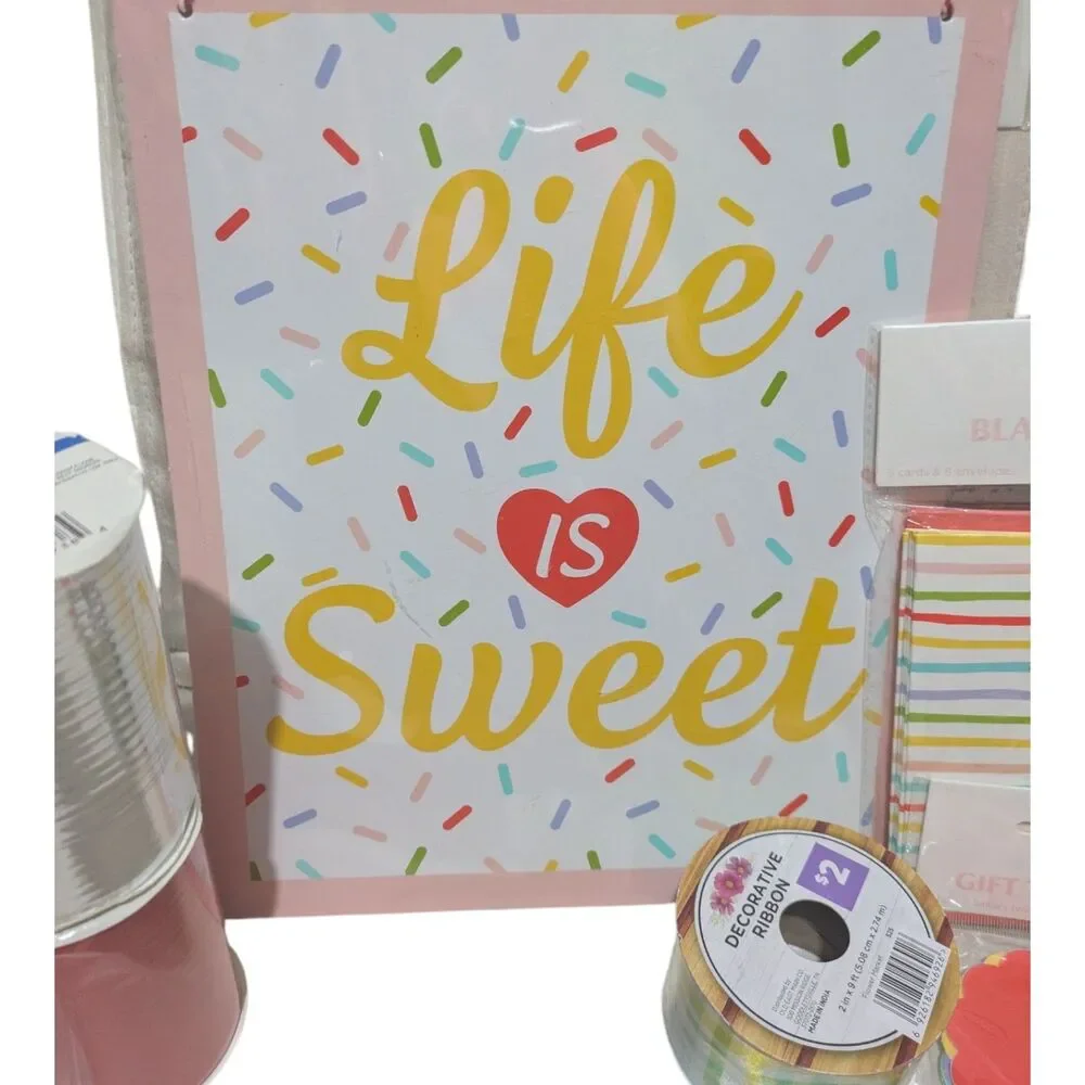 Bright Party Gift Wrap Bundle Set Cards Tags Ribbon Decor Sign “Life is Sweet”